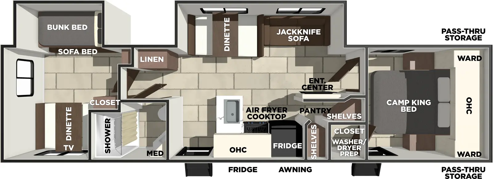 The Tracer 295DB floorplan has two entries and two slide outs. Exterior features include: fiberglass exterior and 19' awning. Interiors features include: bunk beds and front bedroom.